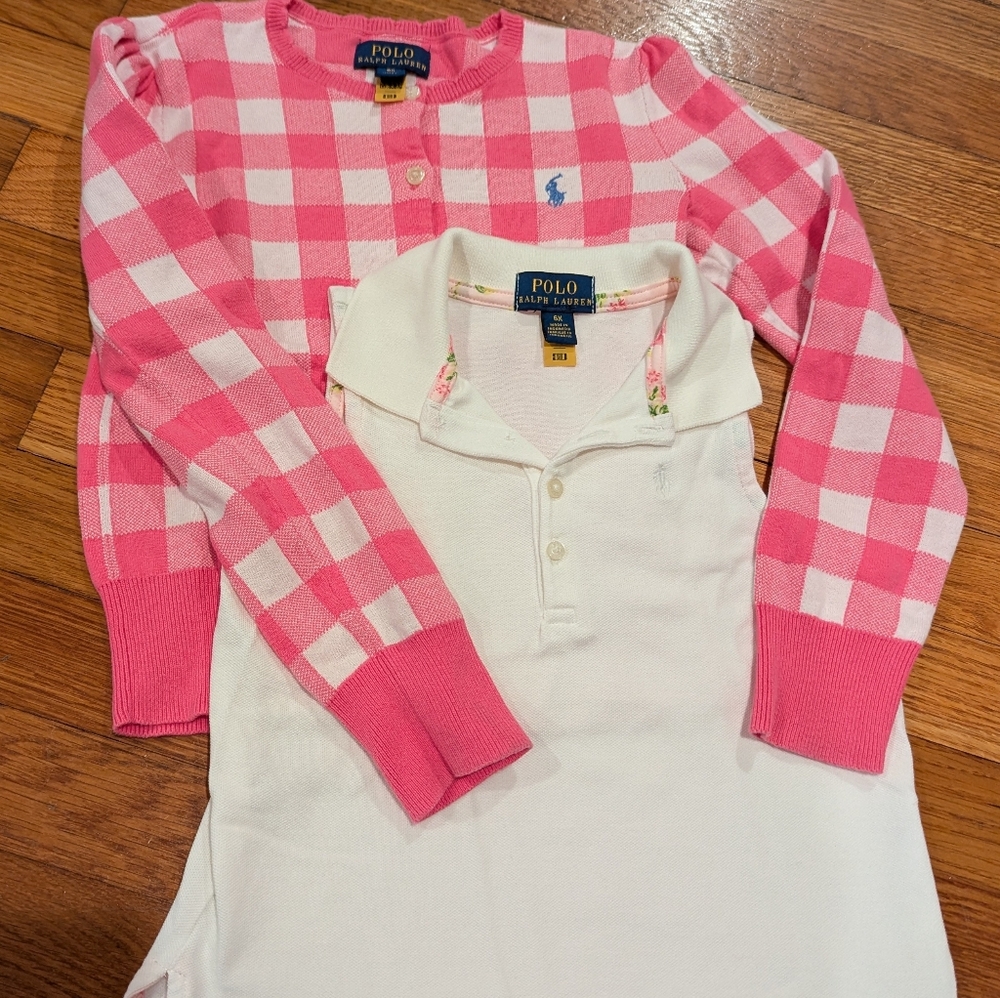 Polo Ralph Lauren Girls Gingham Cotton Cardigan and tank - pink and white SZ 6x